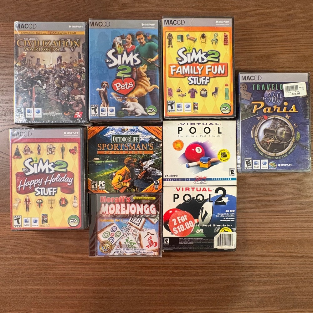 Lot of 9 PC Mac Games Sims 2 Pets Civilization IV Virtual Pool 360 Paris CD-ROM